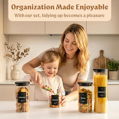 EDELHAUS Glass Storage Containers with Black Lids [Extra Thick Glas] with 54 Labels - Canister For Pantry Noodles Flour Cereal Rice Sugar Tea Coffee Beans - Round Set of 5x - color: 5 Pack - Black Lids