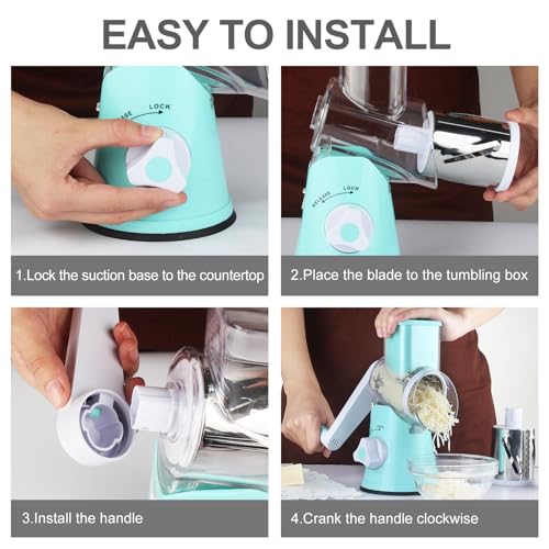 Cambom Rotary Cheese Grater Hand Crank Cheese Shredder for Fresh Cheese, Vegetable, Nuts,Non-slip Suction Base, Five Blades, Blue - color: Blue, size: 5 BLADES