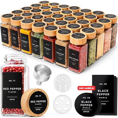 EDELHAUS® Square Spice Jars with Bamboo Wooden Lid (Pack of 36) Spice Jars with Shaker Insert and 240 Labels - Bamboo Lid Glass Container for Spice Organisation [4.3 in × 1.8 in] - color: 36x Bamboo Jars Black Stickers