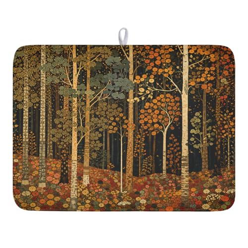 Fall Dish Drying Mat for Kitchen Counter Autumn Forest Vintage Botanical Nature Microfiber Dish Drainer Mat Antique Rustic Farmhouse Absorbent Washable Drying Pad 18"x24" - color: Fall Forest, size: 24" x 18"