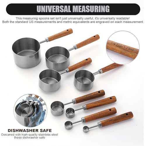 SHIKORI Gold Measuring Cups and Spoons Set with Wood Handles, Premium Stainless Steel Measuring Spoons and Measuring Cups Set-Silver - color: Silver