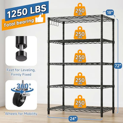 Wire Storage Shelves with Wheels: 5 Tier Adjustable Metal Shelving Unit, NSF Heavy Duty Kitchen Bakers Rack, Rolling Pantry Shelf Organizer for Closet, Laundry, Garage, 24" W x 18" D x 75" H - size: 24"W x 18"D x 75"H