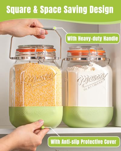 1 Gallon Glass Jar with Lid, 2 Pack Wide Mouth Mason Jars with Airtight Seal, Heavy Duty Glass Storage Container with Handle & Protective Base, Glass Jar for Sun Tea, Pickling, Flour Sugar, Kombucha - size: Large