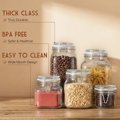 5 Pack Wide Mouth Mason Jars with Clamp Lids, 101oz, 68oz, 34oz, 25oz, and 7oz Glass Jars with Airtight Lids, Kitchen Airtight Food Storage Canister for Pantry Spaghetti, Cereal, Rice, Sugar