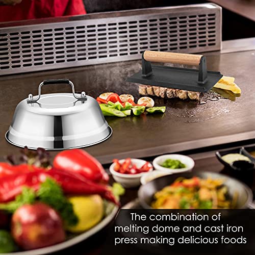 HaSteeL Melting Dome & Burger Press for Griddle, Stainless Steel 9In Basting Cover & Heavy Duty 8 x 4In Wooden Grill Press, Griddle Accessories Set Perfect for Flat Top Teppanyaki Cast Iron Outdoor - size: 9" Dome & Rectangle Press