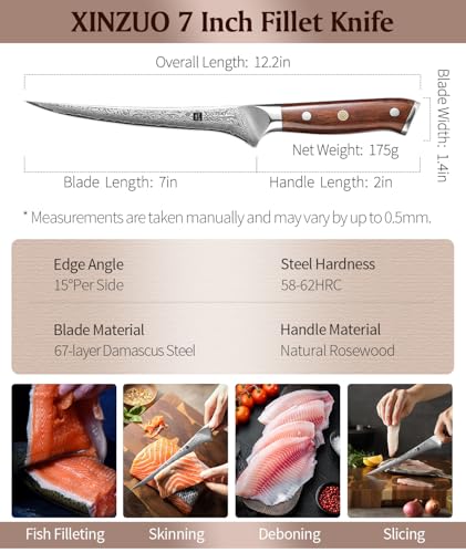 XINZUO 7 Inch Fillet Knife, Damascus Steel with 10Cr15MoV Core, Razor Sharp Boning Knife for Fish, Meat & Seafood, Rosewood Handle - size: 7"