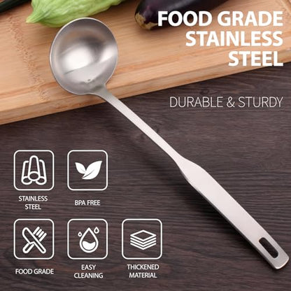 Professional Stainless Steel Soup Ladle, 11.8" Comfort Grid, Long Ergonomic Handle, Durable Kitchen Utensil for Cooking, Stirring, Serving Soups, Heavy-Duty Metal, Dishwasher Safe