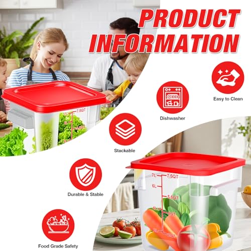 Square Storage Container with Lid, Commercial Box with Measurement Marks & Handle, for Baking, Dough Proofing, Meat Brining, Kitchen Tool(Red, 7.5QT-4PACK) - size: 7.5QT-4PACK