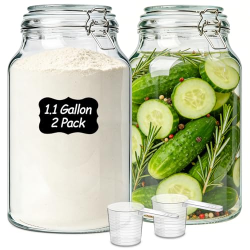 ComSaf 1.1 Gallon Glass Jars with Airtight Lids (138oz, Set of 2), 4-Inch Extra-Wide Mouth Heavy Duty Canisters for Bulk Flour, Sugar & Rice Storage, Ideal for Kombucha, Kimchi, Sauerkraut & Pickling - size: 138oz*2