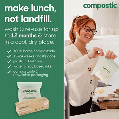 Compostic Compostable XL Sandwich Bags (90 + 10 Count) Everyday Essential — Resealable Zip-Seal, Plant-Based, Home Compostable, Freezer & Microwave Safe, BPA-Free, Non-Toxic, GMO-Free Food Storage Bag - size: 90 Count, style: Sandwich