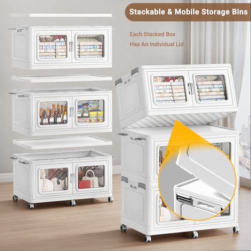 BROVIEW 660Qt Extra Large Stackable Storage Bins with Lids,165Gal Stackable Storage Bins Open Front with Wheels, Plastic Storage Cart Organizer and Storage for Home Kitchen, 3 Packs, White