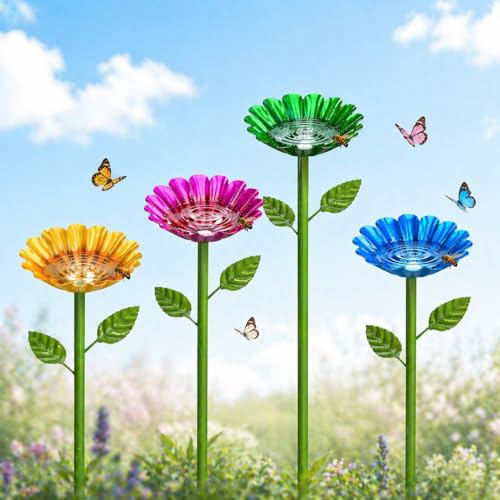 4 Pack Bee Watering Station, Bee Feeder for Garden Metal Butterfly Water Feeder with Flower Design Colorful Butterfly Bee Bath Bowl for Outdoor Garden Yard