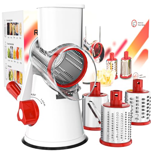 Cambom Rotary Cheese Grater Hand Crank Cheese Shredder for Fresh Cheese, Vegetable, Nuts,Non-slip Suction Base, Free Cleaning Brush Three Blades,Red White - color: Red+White, size: 3 BLADES