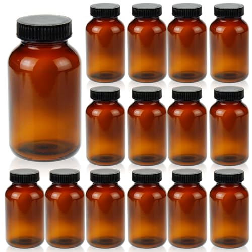 250 ml(8.3 OZ) Amber Glass Wide Mouth Packer Bottle with Black Ribbed Cap, UV Light Resistant Jars for Pills, Capsules, Essential Oils, DIY Salves - Airtight Storage Container，Pack of 24 bottles - size: 8.3 OZ