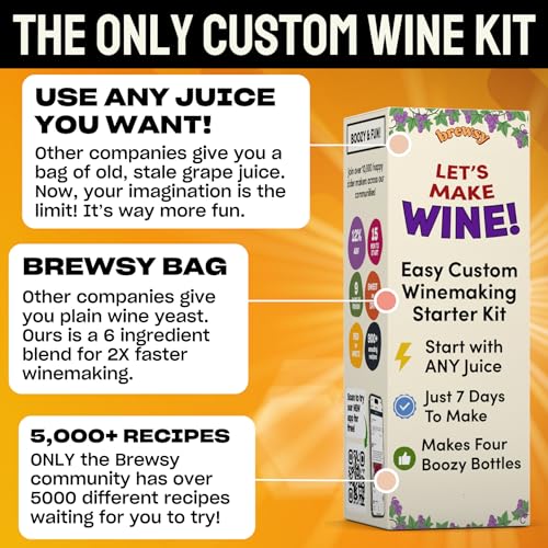 Brewsy Starter Kit for Wine Making - Custom Wine Kit - 4 Bottles in 9 Days - Red or White Wine - Use Any Juice - color: Wine