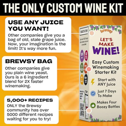 Brewsy Starter Kit for Wine Making - Custom Wine Kit - 4 Bottles in 9 Days - Red or White Wine - Use Any Juice - color: Wine