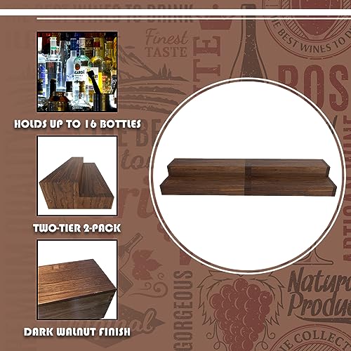 TONGMO 2 Pack Liquor Bottle Stand - 2 Tier Liquor Bar Bottle Display Shelf, Holds 16Bottles, Real Wood, Easy to Clean, No Installation Required - 15.8 Inch Each (Dark Walnut)