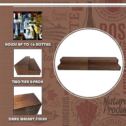 TONGMO 2 Pack Liquor Bottle Stand - 2 Tier Liquor Bar Bottle Display Shelf, Holds 16Bottles, Real Wood, Easy to Clean, No Installation Required - 15.8 Inch Each (Dark Walnut)