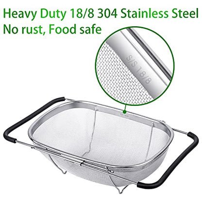 Tiawudi 6-Quart Large Over The Sink Colander, Heavy Duty 40% Thicker 18/8 Stainless Steel Fine Mesh Strainer Basket with Expandable Rubber Grip Handles - Strain, Drain, Rinse Fruits, Vegetables