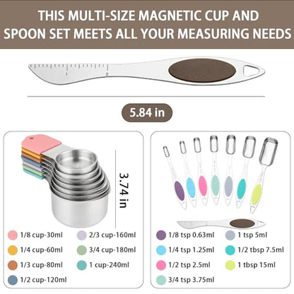 Magnetic Measuring Cups and Spoons Set, 7 Stainless Steel Measuring Cups and 7 Rectangular Metal Teaspoon with 1 Leveler for Cooking & Baking (Colorful) - color: Colorful