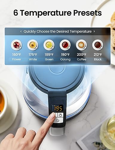 COMFEE' 1.7L Glass Tea Kettle and Kettle Water Boiler - Electric Kettle Temperature Control with 6 Presets, 2-Hr Keep Warm, Fast Heating, 304 Stainless Steel, Auto-Off and Boil-Dry Protection - color: Transparent Digital, size: 1.8 Quarts