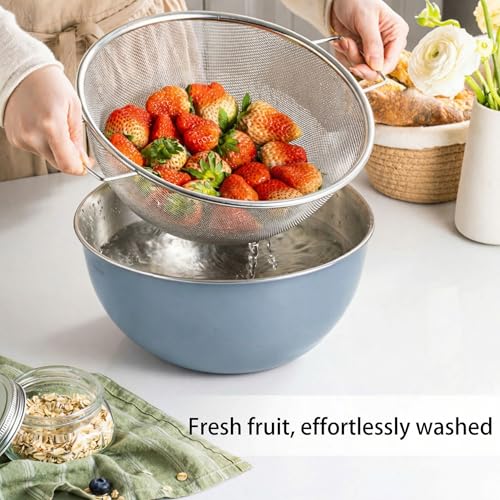 304 Stainless Steel Rice Washing Bowl and 40 Mesh Strainer Set, 3.5QT | 40-mesh strainer helps prevent grain loss while measurement marks and sturdy handles make rinsing and draining easier. - color: Gray