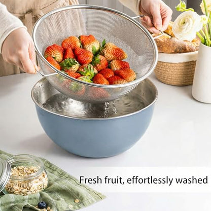 304 Stainless Steel Rice Washing Bowl and 40 Mesh Strainer Set, 3.5QT | 40-mesh strainer helps prevent grain loss while measurement marks and sturdy handles make rinsing and draining easier. - color: Gray