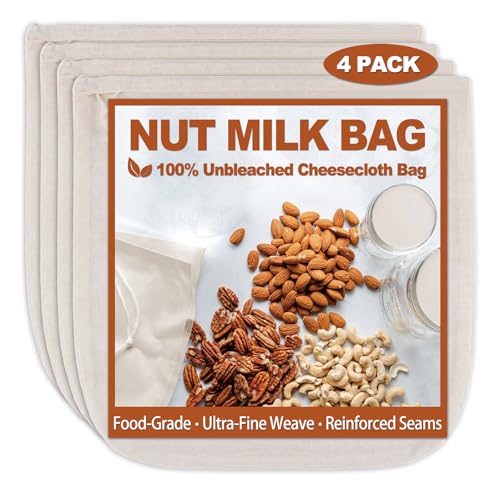 4 Pcs 12"x12" Nut Milk Bag, Nature Unbleached Cotton, Premium CheeseCloth Bags for Straining, Reusable Nut Bag Strainer for Making Almond & Nut Milks, Cold Brew, Yogurt, Juicing - color: Unbleached Cotton - 4 Pcs
