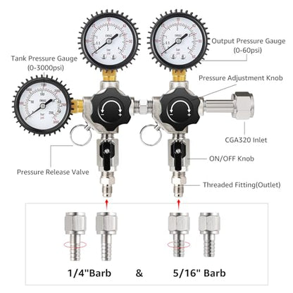 MRbrew CO2 Regulator Dual Output CGA-320 Keg Regulator Draft Beer Regulator | Quick Disconnect Threaded End Fitting with 2 Swivel Nut Barb-1/4’’ Barb & 5/16’’ Barb, CO2 Tank Pressure Regulator