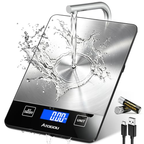 Atogou Food Scale - 33lb Digital Kitchen Scale Ounces Grams, Rechargeable & Full-View Display, Water-Resistant, Batteries or USB-C Charging, Stainless Steel, for Cooking, Meal Prep, Package (Black) - color: Black