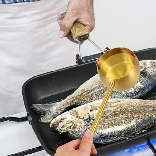 SHINEOFI Stainless Steel Oil Dipping Ladle Long Handle Oil Dipping Spoon Kitchen Water Scoop for Cooking Golden - color: Golden