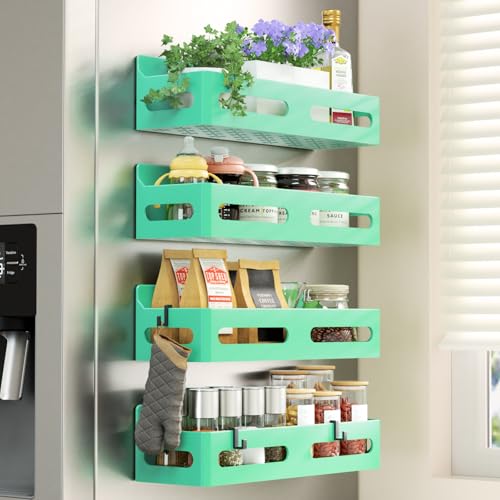 Sevenblue 4-Pack Magnetic Spice Rack for Refrigerator with Hooks, Green | Strong multipurpose magnetic shelf for kitchen & bathroom organization. Includes 4 removable hooks for hanging items. - color: Green, size: 4 Pack