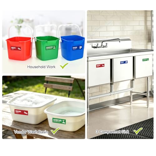 Magicfour Wash Rinse Sanitize Sink Labels, 6”x2” Small Size, 5 Pack 3 Compartment Sink Signs, Waterproof Sticker for Wash Station, Commercial Kitchens, Restaurant, Food Trucks, Dishwashing - size: 5Pcs Sink Labels 6”x2“