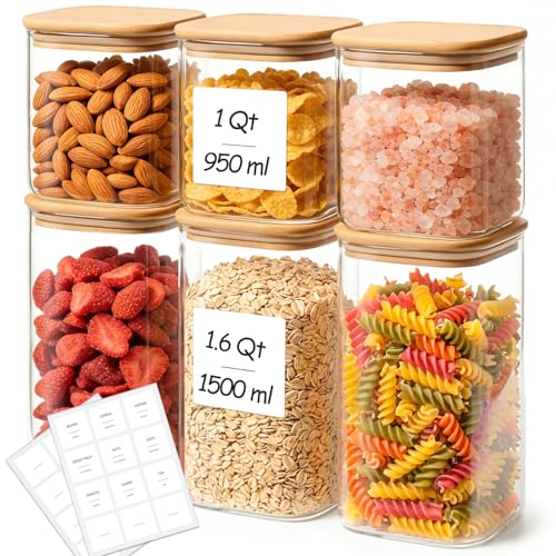 6-Pack Square Glass Pantry Storage Containers with Lids, Airtight Stackable Pantry Organization and Storage Set (1.6 Qt/1 Qt) for Snacks, Cereal & Coffee - size: 1.6Qt*3+1Qt*3