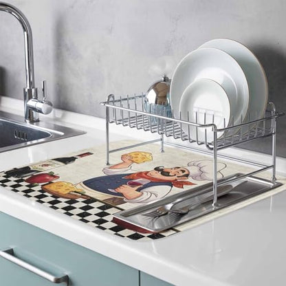 Dish Drying Mat for Kitchen Counter, Smiling Chef Cheese Wine Absorbent Dish Mats Foldable Microfiber Drainer Pad 1PCS 18"x24", Retro Kitchen Art Plate Holder Mat for Countertop Sink Decor - size: 1PCS-18x24in