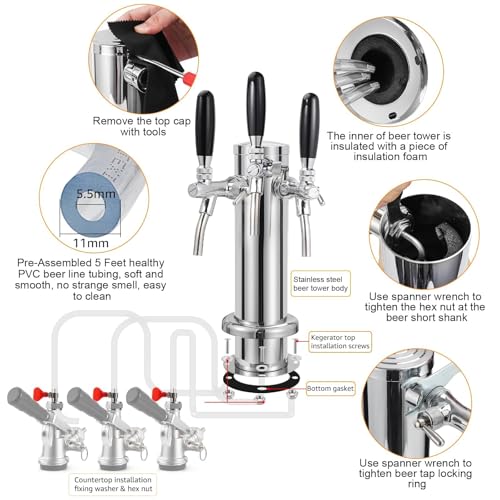 3 Tap Beer Tower Adjustable Flow Control Beer Faucet Three Tap Beer Tower Stainless 3” Triple Tap Beer Tower Dispenser Kegerator Tower Kit with Pre-Assembled Tubing and Self-Closing Springs