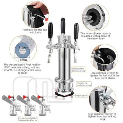 3 Tap Beer Tower Adjustable Flow Control Beer Faucet Three Tap Beer Tower Stainless 3” Triple Tap Beer Tower Dispenser Kegerator Tower Kit with Pre-Assembled Tubing and Self-Closing Springs