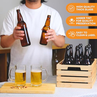 FastRack Beer Bottles Amber Glass Longneck Bottles for Home Brewing 22 oz - Crown Cap Refillable Beer Bottles Food Grade – ECO Friendly Proudly Made in the USA, Brown, Pack of 12 - size: 22 Ounces
