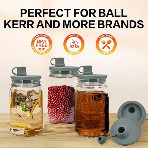 Pour Spout Lid for Mason Jars - Wide Mouth, Leak-Proof, Dishwasher Safe, Food-Grade Reusable Silicone Cover for Oils, Juices, Milk & Dry Goods - color: Grey-3Pack