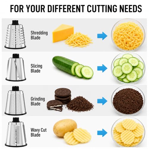 VEKAYA Rotary Cheese Grater Hand Crank, White | 4 Interchangeable Stainless Steel Blades, Large Manual Handle Shredder, Waffle Slicer for Vegetables, Cheese and Nuts - color: White