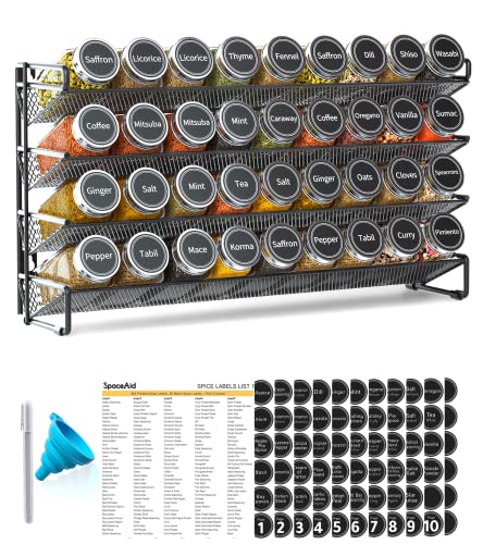 SpaceAid Spice Rack Organizer with 36 Spice Jars, 386 Spice Labels, Chalk Marker and Funnel Set for Cabinet, Countertop, Pantry, Cupboard or Door & Wall Mount - 36 Jars, 17.2" W × 10.8" H, Black - color: Black, size: 36 Jars, 17.2"W × 10.8"H