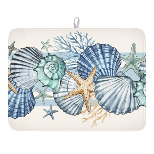 Summer Sea Shell Drying Mat 24x18 Inch, Starfish Drying Mat with Absorbent Reversible Microfiber, Coastal Dish Drainer Mats Holiday Ocean Rack Pad for Coffee Countertop Kitchen Protector - color: White Blue Teal, size: 24" x 18"