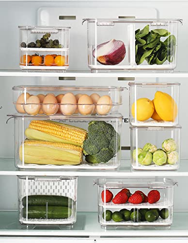 SANNO Fridge Produce Saver Stackable Refrigerator Organizer Keeper with Lids and Removable Drain Tray for Veggie, Berry, Fruits and Vegetables,Pack of 2 - size: 12.4” x 6.4”x 5.7"+9.2"x5.8"x4.8"