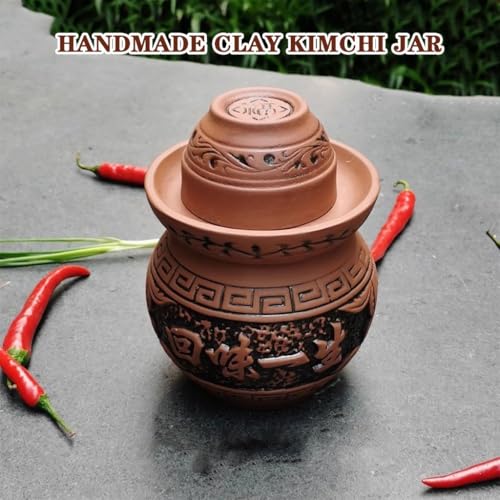 Mini Small Size Kimchi Jar, Handmade Clay Fermentation Tank, Old Traditional Water Seal Design, Pickled Beans and Garlic(0.9kg) - size: 0.9kg
