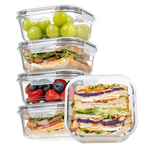Vtopmart 5Pack 27oz Glass Storage Containers with Lids, Glass Meal Prep Food Container Sets, Sandwich Containers with Snap Airtight Lid for Microwave, Oven, Freezer and Dishwasher, Grey - color: Grey, size: 27oz