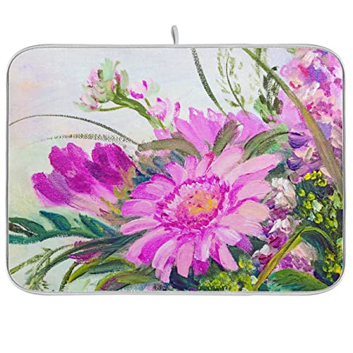 Absorbent Dish Drying Mat for Kitchen Counter - Oil Painting Flowers Microfiber Drying Pad, Reversible Drainer Mats for Countertop, Small 16" x 18" - color: Oil painting flowers 41, size: 16x18(in)x1