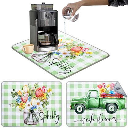 SiliFine 2 Pcs Dish Drying Mat for Kitchen, Spring Floral Absorbent Microfiber Dish Mat Counter 18 x 24 Inch Truck Flower Leaves Draining Green Drying Reusable Washable Pad - style: Spring