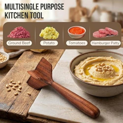 Teak Wooden Meat Masher Chopper, Wood Meat Chopper and Hamburger Smasher Tool, Chicken Shredder Tool, 10.5 Inch Heat-Resistant Non-Scratch Wooden Meat Masher (1Pc)