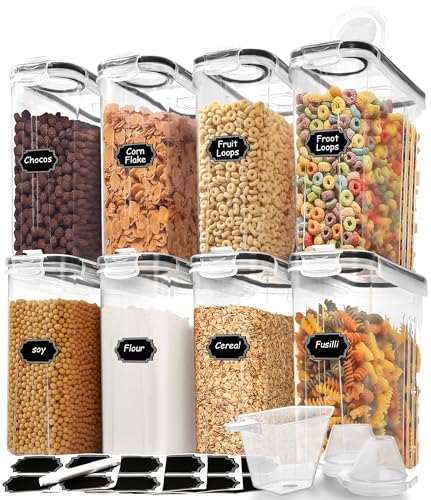 Skroam 8PCS Cereal Containers Storage [4L/135.2 oz], Airtight Food Storage Containers with Pour Spout for Kitchen & Pantry Organization Storage, Plastic Cereal Dispensers, Measuring Cup & 20 Labels - color: 8 PACK