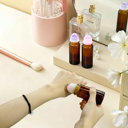 Amethyst Roller Bottles for Essential Oils, 50ml Refillable Amber Glass Roll On Bottles with Natural Crystal Roller Balls, Leak-Proof Travel Perfume Bottle with Gold Caps - color: Purple